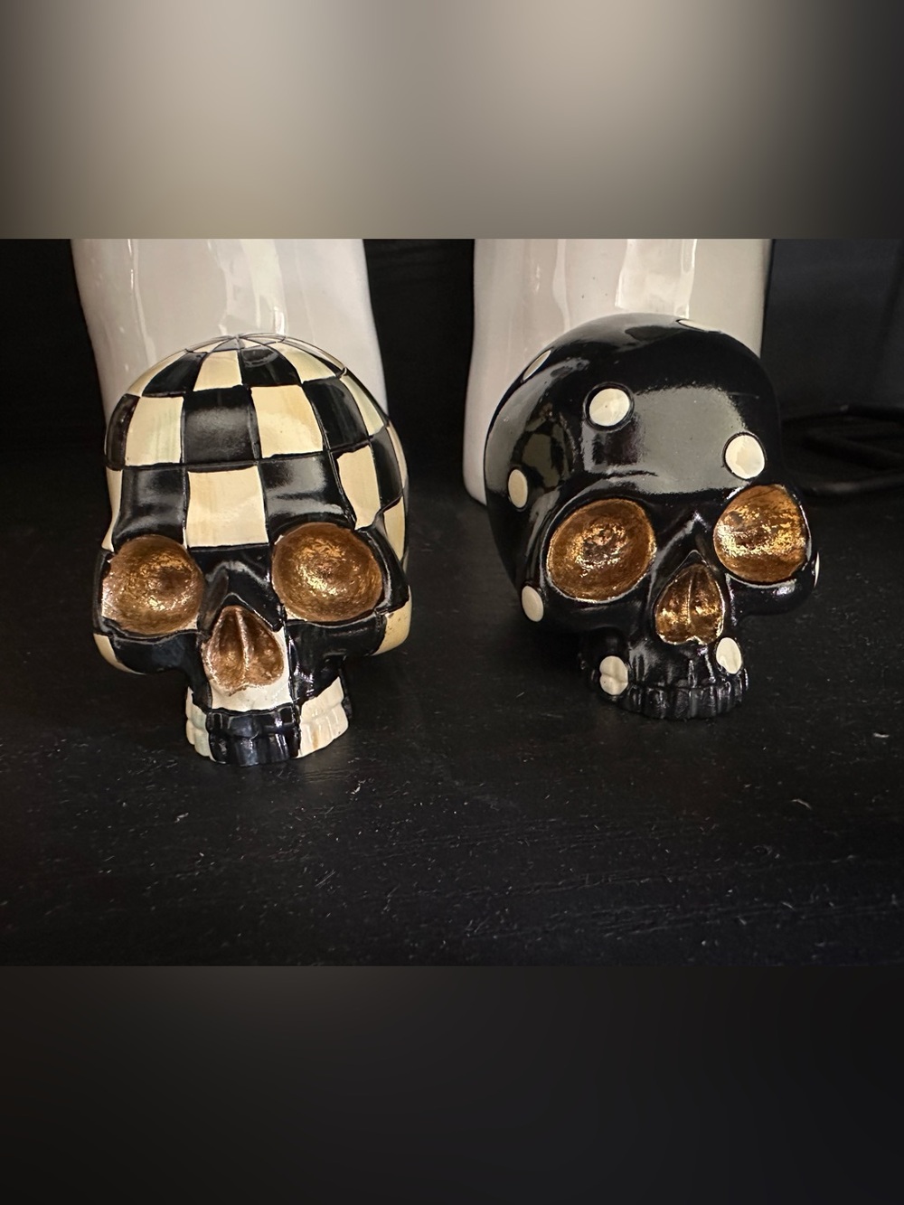 Mackenzie Childs set of 2 mini Hand-Painted Black & Gold Resin  Skull Figurines